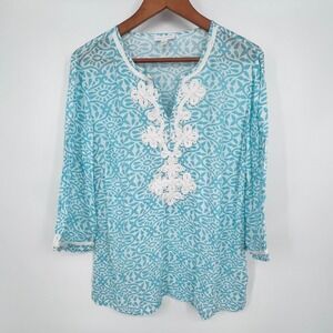 Charter Club Women's Paisley Embroidered Blouse Large Turquoise‎ White Coastal
